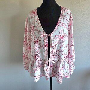 Hester & Orchard Top Cover-Up White Red Floral Tie Front Lightweight Size L